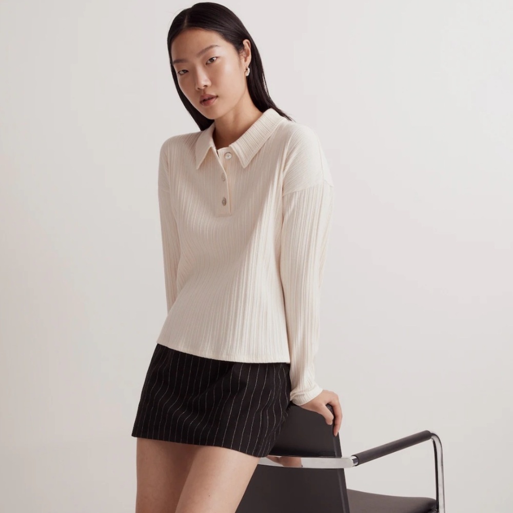 Madewell Ribbed Long Sleeve Polo Shirt Women's Medium Cream Boxy Preppy Academia